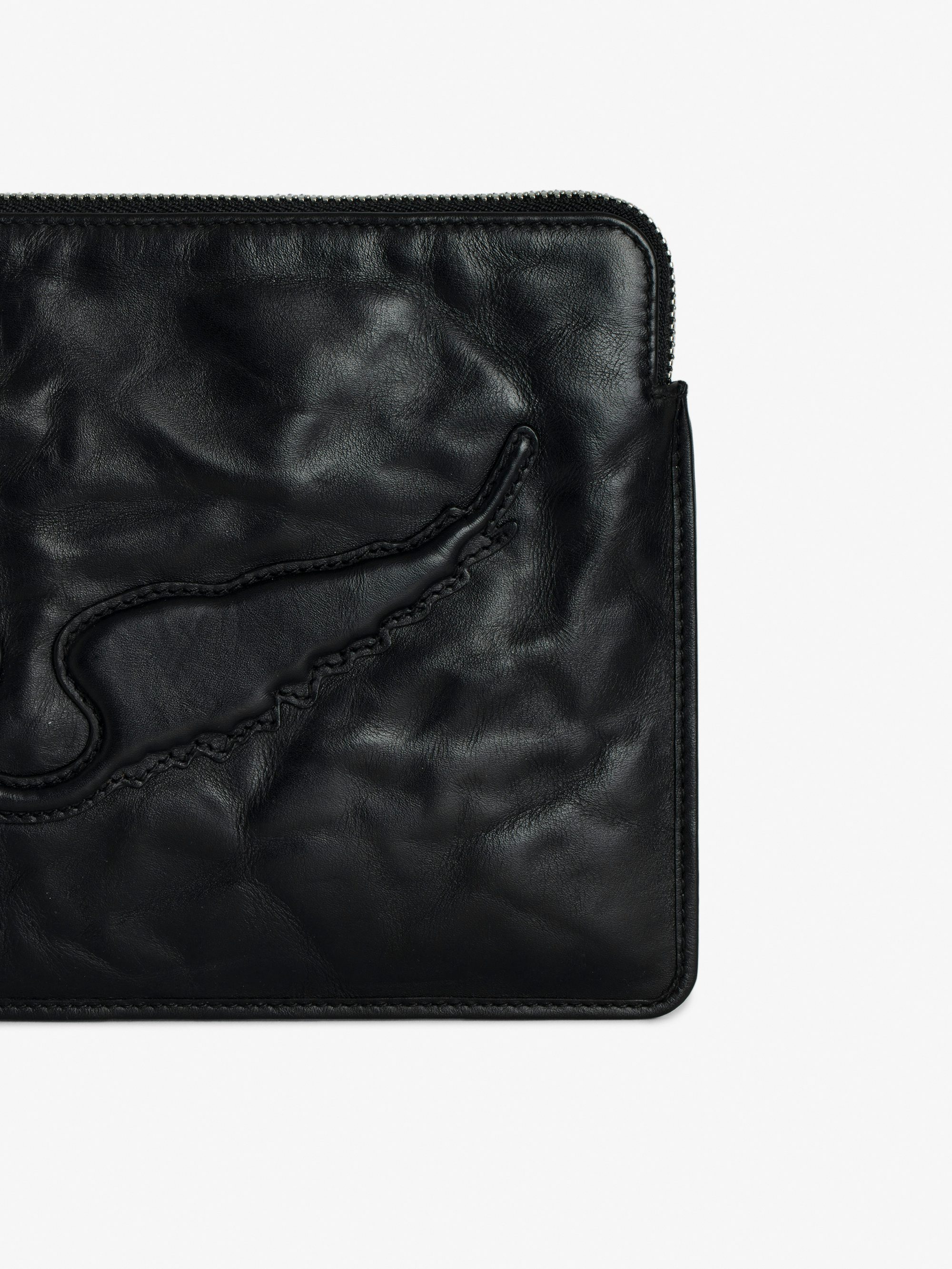 Angel Pochette - Grained leather clutch adorned with an embossed wing signature.